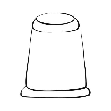 Retro yüksük, giysi için el işi süsleme, iğne, dikiş aleti. Tasarım için klasik moda illüstrasyonu. Grafik vektör çizgisi, el çizimi, kriket için siyah siluet.