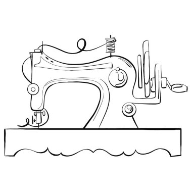 Terzilik için klasik dikiş makinesi. Kıyafet tasarımı. Moda için eski tarz bir el işi. Grafik vektör çizgisi, el çizimi, kriket için siyah siluet.