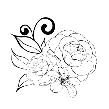 Çiçek buketi gülleri, şakayıklar. Yapraklı romantik bahar çiçeği, klasik tarz. Grafik vektör çizgisi, el çizimi, kriket için siyah siluet. Tasarım, logo, kartpostallar, düğün için.