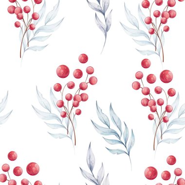 Noel suluboya desenli, mavi yapraklı buketler ve kırmızı böğürtlenler. Kış kompozisyonu, retro tarzında dekorasyon. Resim el çizimi. Duvar kağıdı, arkaplan, kumaş, baskı için