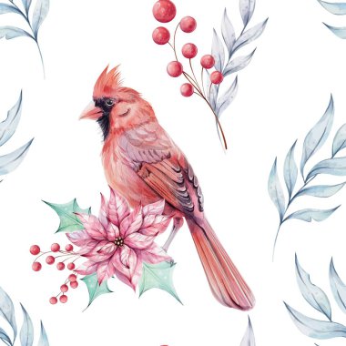 Suluboya Noel desensiz. Brunch, kırmızı böğürtlen ve kırmızı noktalı çiçek buketli kuş kırmızısı kardinal. Kutsal yeşil yapraklar. İzole edilmiş. Noel 'in sembolü. Kış tatili dekorasyonu