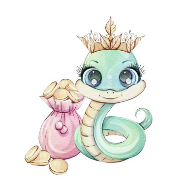 A charming cartoon snake adorned with a crown and holding a treasure bag, ideal for whimsical design projects clipart