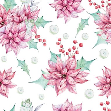 Noel suluboya desensiz - kırmızı noktalı çiçek buketi, kutsal yeşil yapraklı kompozisyonlar ve ökseotu, kırmızı böğürtlen. Kış kompozisyonu, dekor. Aralık doğası. Çizim eli