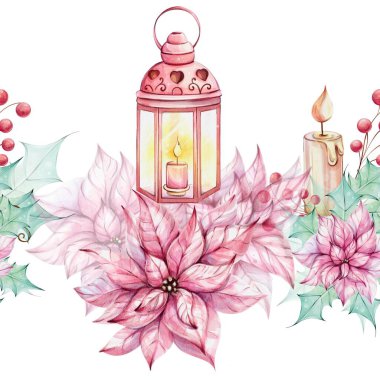 Suluboya dikişsiz sınır - Noel kırmızı feneri ve kutsal yeşil yapraklı mum ve kırmızı böğürtlenler, noktalı çiçekler. Romantik retro tarzı. Kış festivali dekoru. El çizimi suluboya