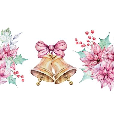 Noel suluboya dikişsiz kenar - kırmızı noktalı çiçek buketi, kutsal yeşil yapraklı kompozisyonlar ve ökseotu, kırmızı böğürtlen. Fiyonklu altın çan. Kış kompozisyonu, dekor. Aralık