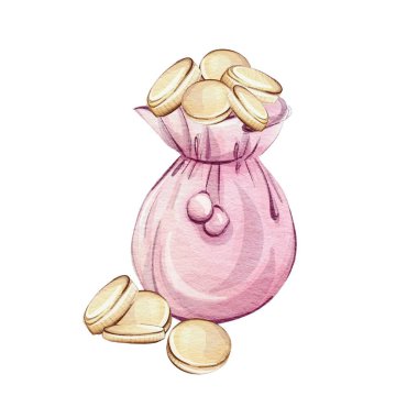 Parlak altın sikkelerle dolup taşan sevimli pembe bir çantanın sevimli ve hoş bir çizimi.