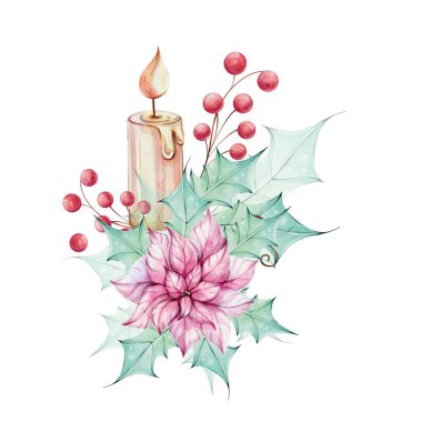 Köknar, kırmızı noktalı çiçek ve böğürtlenli suluboya Noel mumu, kutsal yeşil yapraklar. El boyaması kompozisyonlar. Eski moda bir kış tatili dekorasyonu. El çizimi illüstrasyon