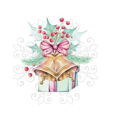 Suluboya Noel çanları, yaylı altın çan, kutsal yeşil yapraklar, kırmızı böğürtlenler ve köknar. Kırmızı kurdeleli hediye, kutlama için yeşil kutu. İzole edilmiş. Kış kompozisyonu, dekor. Çizim eli