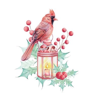 Watercolor Christmas bird red cardinal, berries, lantern, poinsettia flowers bouquet with holly green leaves. Arrangement with brunch. Border, ornament. Symbol of Christmas. Winter holiday decoration