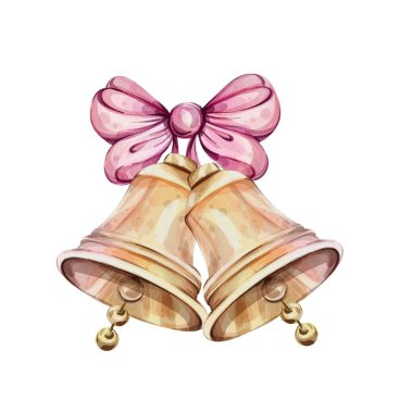Suluboya noeller altın çanları yay ile şıngırdatır, izole. Okul illüstrasyonuna el çizimi. Vektör klipsi sanatı