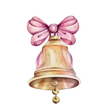 Suluboya Noel çanları, yay ve izole edilmiş altın çanları çalar. Okul illüstrasyonuna el çizimi. Vektör klipsi sanatı