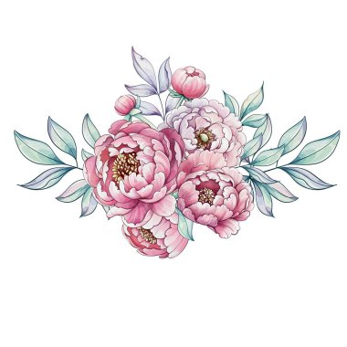 Nazik şakayıklar pembenin tonlarında kızarır, yumuşak yapraklarla çevrili, suluboya sanatında sükunetin ve güzelliğin özünü yakalar..