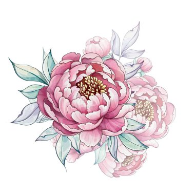 Delicate watercolor peonies unfold their soft petals, creating a harmonious blend of pinks and greens, evoking a serene spring atmosphere clipart