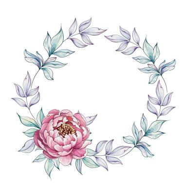 A charming display of a pink peony nestled within a gentle wreath of stylized leaves, exuding tranquility and grace. clipart