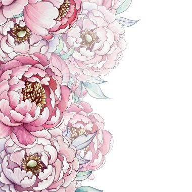 Yumuşak sulu boyalarla boyanmış zarif şakayıklar güzel bir şekilde harmanlanmış pembe ve kremanın gösterişli tonlarını sergiliyor, dingin bir çiçek başyapıtı yaratıyor.