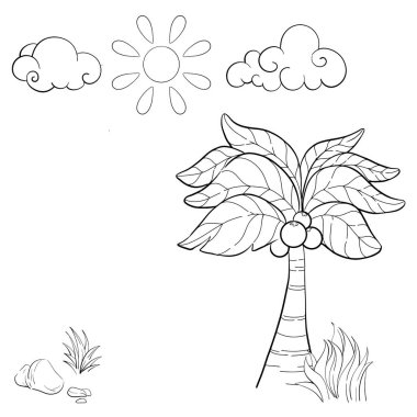 Jurasik dönem arkaplan vektör elementleri, doğa, güneş, bulutlar, çizgi film tarzında siyah ve beyaz palmiye. Devre için siluet