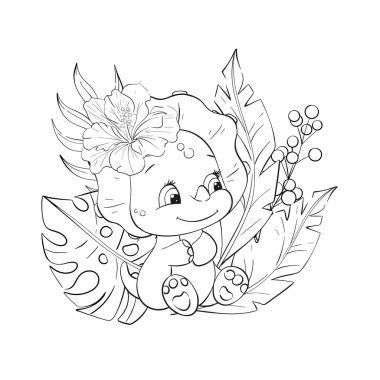 Palmiyeli bebek dinozor taşıyıcı, canavar yapraklı. Bebek partisi, çocuk odası, dekor, çıkartmalar, tarihi hayvanların olduğu baskılar için tırman. Jurasik dönem. Devre için siyah siluet