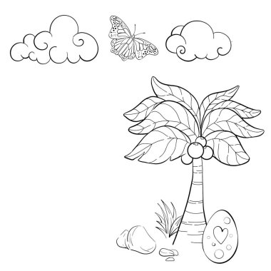 Jurasik dönem arkaplan vektör elementleri, doğa, güneş, bulutlar, çizgi film tarzında siyah ve beyaz palmiye. Dinozor yumurtası. Devre için siluet