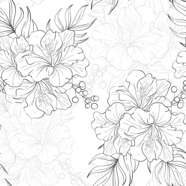 Dikensiz desenli, palmiye yapraklı Hibiskus buketi. Parlak çiçek, Tropik botanik çizimi. Yaz egzotik, zarif bitki örtüsü. Devre için siyah siluet