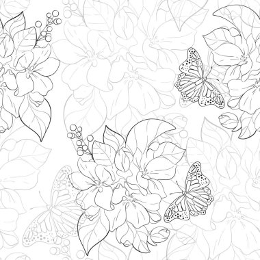 Kusursuz desenli. Kelebekli buket, Japon kiraz çiçeği, sakura sanatı. Elma ağacı buketi. Devre için siyah siluet