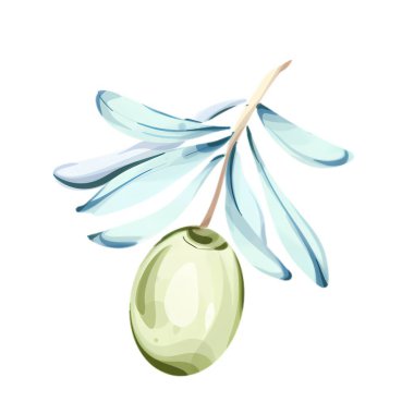 Bu suluboya resimde gümüş yapraklarla süslenmiş narin bir dala asılı tek bir yeşil zeytin var. Sanat eserlerinde zeytinlerin zengin dokuları ve renkleri vurgulanıyor.