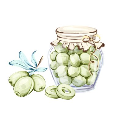 Bu suluboya illüstrasyonda yeşil zeytinlerle dolu bir kavanoz ve yapraklar sergileniyor. Nazik renkler ve hassas detaylar İtalyan mutfak geleneklerinin özünü yansıtır. Görüntü