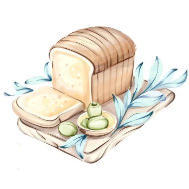 Bu sanat eserinde güzel işlenmiş bir somun ekmek ve ince dilimler yer alıyor. İçi yumuşak ve yanında da küçük bir tabak yeşil zeytin var. Kompozisyonu çevreleyen narin mavi yapraklar,