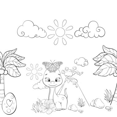 Kusursuz bir şablon. Doğası olan bebek dinozor. Diplodocus bebek partisi, çocuk odası, dekor, çıkartmalar, tarihi hayvanların olduğu baskılar için Clipart. Jurasik dönem. Devre için siyah siluet