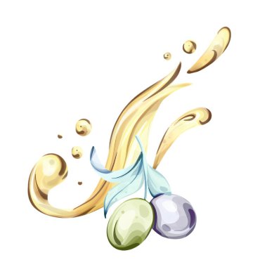 Bu canlı suluboya resimde zarif bir şekilde işlenmiş zeytin ve biraz da altın zeytin yağı var. Renkler doğanın güzelliğini yakalıyor zengin dokuları ve organik formları sergiliyor.