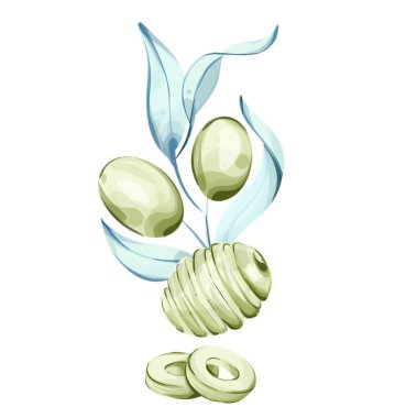 Narin suluboya sanat eserleri açık mavi yapraklarla sarmalanmış yeşil zeytin kümelerini sergiliyor. Kompozisyon, zeytinlerin güzelliğini ve yağlarının İtalyan zenginliğini yansıttığını vurguluyor.