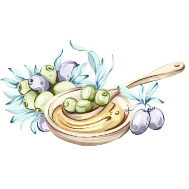 Canlı bir suluboya çizimi zeytin ve zeytin yapraklarıyla dolu ahşap bir kaşık yakalar. Bu sanat eseri İtalyan mutfağının güzelliğini simgeliyor.