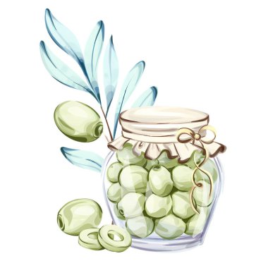 Bu suluboya sanat eserinde zarif boyanmış zeytin yapraklarıyla çevrili yeşil zeytinlerle dolu güzel yapılmış bir kavanoz yer alıyor. Kompozisyon İtalyan mutfağının zenginliğini yansıtıyor ve...