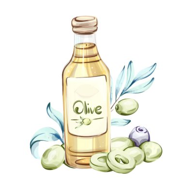 Bu canlı suluboya sanat eserlerinde taze zeytin ve yeşil yapraklarla çevrili büyüleyici bir şişe zeytin yağı sergileniyor. Resim İtalyan mutfağının doğal güzelliğini ve zenginliğini yansıtıyor.