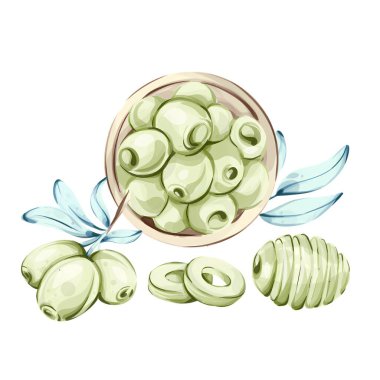Canlı bir suluboya illüstrasyonunda, yanında birkaç zeytin bulunan bir kasede sergilenmiş bir dizi yeşil zeytin sergileniyor. Yumuşak mavi yapraklar, doğanın güzelliğini çağrıştıran kompozisyonu çerçeveler.