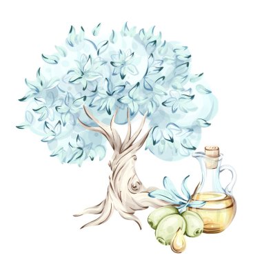 Bu suluboya resimde, yemyeşil zeytinler ve bir şişe zeytinyağı eşliğinde yemyeşil yapraklı sakin bir zeytin ağacı sergileniyor. Sanat eserleri doğanın özünü yakalar cömertliği ve