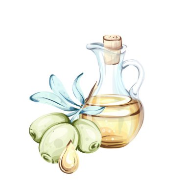 Bu güzel suluboya sanat eserlerinde altın zeytinyağı içeren cam bir kapta bir yığın yeşil zeytin sergileniyor. Hassas detaylar İtalyan mutfak geleneğinin zenginliğini vurguluyor.