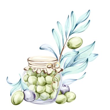 Bu sanat eseri, hassas bir kapakla süslenmiş cam bir kavanozda yeşil zeytinlerden oluşan canlı bir düzenleme sunuyor. Kavanozun etrafında doğal zeytin ve zeytin yapraklarından oluşan bir dal bulunur.
