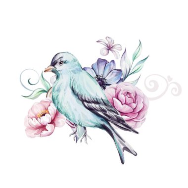 Suluboya mavi Victoria sakalı, bahar kompozisyonu, pembe güller, çiçek, brunch ve yapraklar. Romantik şakayık. İzole edilmiş. Tebrik kartları, düğün, kumaş, baskı için.