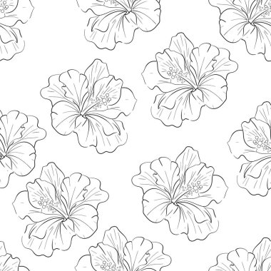 Parlak çiçekli vektörsüz desen, tropikal botanik çizimi. Yaz egzotik, zarif bitki örtüsü. Devre için siyah siluet