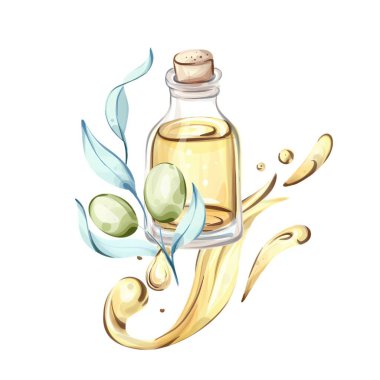 Sanat eserleri zeytin ve bir şişe zeytin yağı sergiliyor. Altın kıvrımların arasında. Suluboya tekniği, rollerini kutlayan bu malzemelerin tazeliğini ve cazibesini canlı bir şekilde yakalıyor.