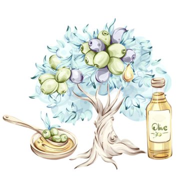 Bu suluboya resimde çeşitli renklerde olgun zeytinlerle süslenmiş canlı bir zeytin ağacı yer alıyor. Ağacın yanında bir şişe zeytinyağı ve içinde lezzetli zeytinler olan tahta bir kaşık duruyor.