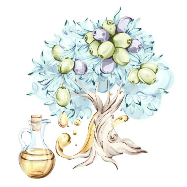 Güzelce hazırlanmış suluboya resimlerinde olgun zeytinlerle süslenmiş yeşil ve mor renkler sergilenir. Ağacın yanında altın zeytinyağıyla dolu narin bir cam şişe duruyor.