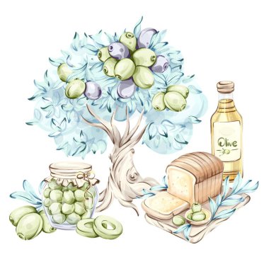 Bu suluboya resim, İtalyan mutfağının özünü yansıtıyor. İçinde güzel işlenmiş zeytin ağacı, dolgun zeytin, bir şişe zeytin yağı, bir kavanoz zeytin ve taze ekmek var. Sahne