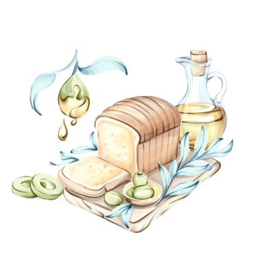 Bu sanat eserinde ekmekli zeytin ve bir şişe zeytinyağından oluşan görsel bir düzenleme sergileniyor. Suluboya tekniği, sıcaklığı ve sıcaklığı çağrıştıran doğal renk ve dokuları vurgular.