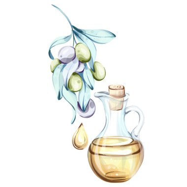 Bu suluboya resimde zarif bir daldan sarkan bir zeytinyağı kümesi ve berrak bir şişe zeytin yağı resmediliyor. Canlı renkler zeytinlerin doğal güzelliğini ve zenginliğini yansıtıyor.