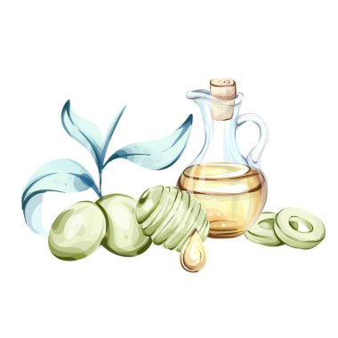 Bu güzel suluboya resimde olgun yeşil zeytinler ve bir şişe altın zeytin yağı yer alıyor. Yumuşak yeşil yapraklarla vurgulanan sanat eserleri İtalyan mutfağının özünü yakalar.