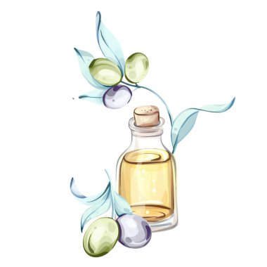 Bu suluboya resim, İtalyan mutfağının ve doğanın güzelliğini yansıtan zeytin ve bir şişe zeytin yağının canlı özünü yansıtıyor. Hassas detaylar yeşil ve moru vurguluyor.