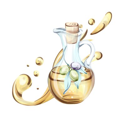 Canlı bir suluboya resimde altın zeytinyağıyla doldurulmuş zarif bir cam sürahi taze yeşil zeytinlerin yanında tasvir edilir. Sanat eserleri İtalyan mutfağının ve doğasının özünü yansıtıyor.