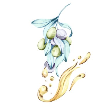 Büyüleyici bir suluboya resimde, altın zeytinyağı damlalarının eşlik ettiği bir grup yeşil ve siyah zeytin yer alıyor. Bu sanat eseri İtalyan mutfağının güzelliğini ve zenginliğini gösteriyor.