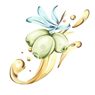 Zeytinyağı ve zeytin yağının özü canlı yeşil renklerini sergiliyor. Suluboya 'nın hassas fırça darbeleri lezzet ve gelenekleri çağrıştıran bu bileşenin doğal güzelliğini canlandırıyor.